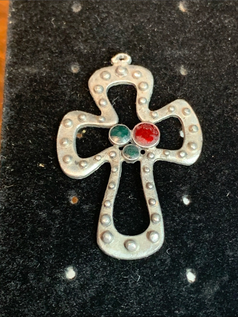Sterling-Tone Cross Pendant with Red and Green Accent Stones